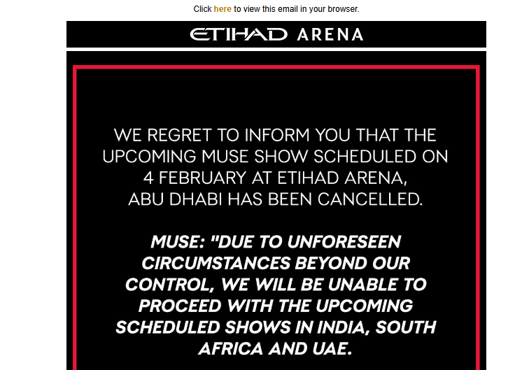 The Etihad Arena email announcing the Muse Abu Dhabi show cancellation