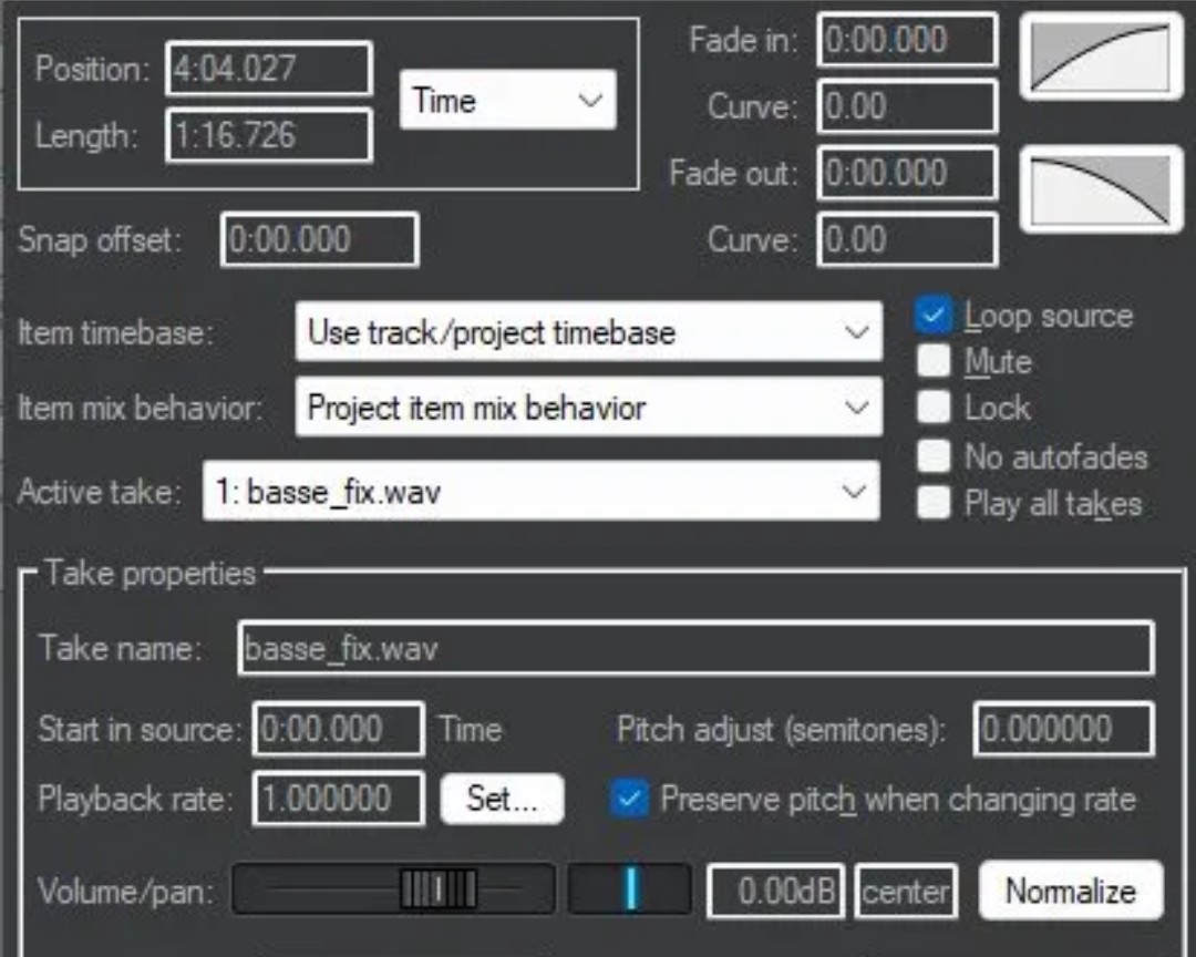 Screenshot of Reaper's media item properties dialog showing the basse_fix.wav take I was troubleshooting